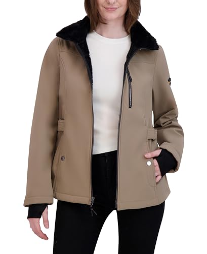 HFX Women's Softshell Power Stretch Fur Lining Jacket with Adjustable Hood, Beige