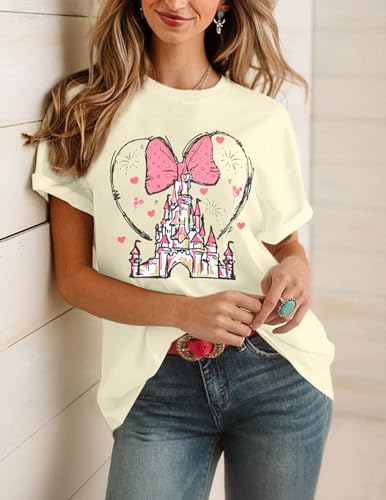 Magic Castle Oversize Shirt Women Magic Kingdom T Shirt Fairy Tale Graphic Tee Cartoon Kingdom Tops Holiday Vacation Shirts Apricot