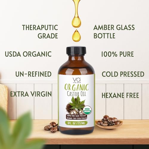 Pure Castor Oil Organic Cold Pressed Unrefined Glass Bottle-USDA Certified Organic Castor Oil Cold Pressed Glass Bottle For Castor Oil Pack Wrap-Castor Oil For Face,Hair Growth,Eyelashes,Eyebrows-8oz