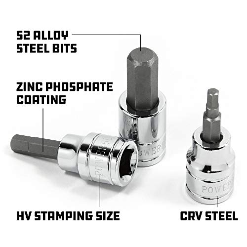Powerbuilt 7 Piece 3/8 Inch Drive Metric Hex Bit Socket Set, Includes 3mm-8mm and 10mm, Hangable Storage Tool Holder - 648663