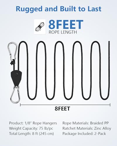 Fondwell 1/8" Adjustable Rope Hangers Ratchet: Plant Pulleys for Hanging Plants Heavy Duty - Tie Down Straps with Pulley System