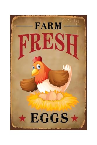 Funny Chicken Sign, Metal Chicken Coop Tin Signs, Farm Fresh Eggs Smile Chicken, Yard Sign Garage Farm Garden Wall Decor Sign Plaque Outdoor for Home Fence 8 X 12 Inches