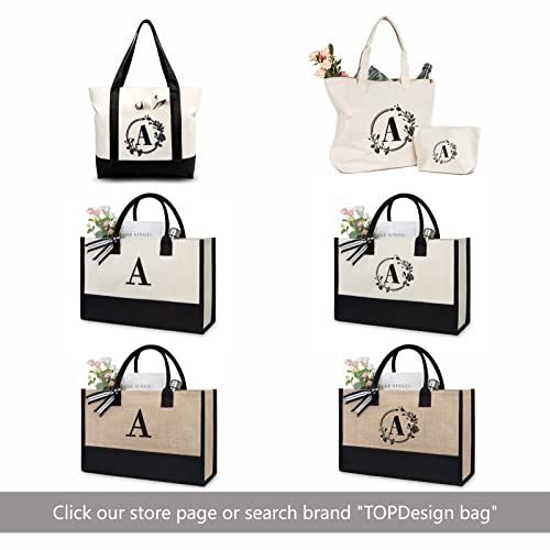 TOPDesign Embroidery Initial Canvas Tote Bag, Personalized Present Bag, Suitable for Wedding, Birthday, Beach, Holiday, is a Great Gift for Women, Mom, Teachers, Friends, Bridesmaids (Letter T)