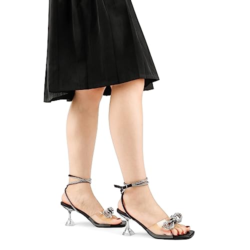 Zzheels Bow Heels Crystal Chunky Sandals Rhinestone Slingback Heels Square Toe for Party Dating Black US10.5