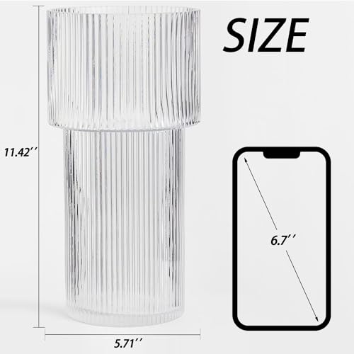 YANWE1 Large Glass Vase, 12 Inches Tall Vase for Flowers, Flower Vases for Bouquet, Modern Ribbed Glass Vases for Living Room, Dining Table, Office, Entryway, Mantle, Shelf, Wedding Gifts