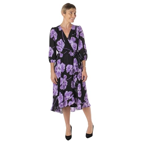 Maison Tara Women's Floral Faux Wrap Midi, Black/Iris