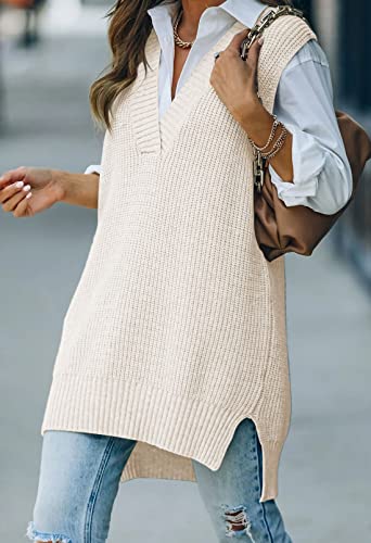 Viottiset Women's Oversized Sweater Vest V Neck Tunic Sleeveless Pullover Knit Top Checkered Light Blue M