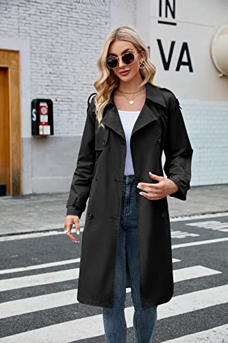 Makkrom Women's Double Breasted Long Trench Coat Windproof Classic Lapel Slim Overcoat with Belt