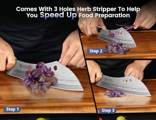 SYOKAMI Meat Cleaver Chef Knife, 7.7 Inch Multifunction Butcher Knife with Herb Stripper and Sheath, Chinese Cleaver Heavy Duty Bone Chopper, Meat Cutting, Damascus Pattern Full Tang Wood Handle