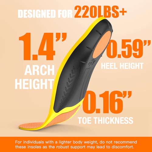 BestHalo Plantar Fasciitis Insoles - High Arch Support Inserts, Gel Cushion, Relief for Flat Feet - 220+ lbs Orthotics Insoles Ideal for Work Boots (Orange, Men 7-8.5 | Women 8-9.5)