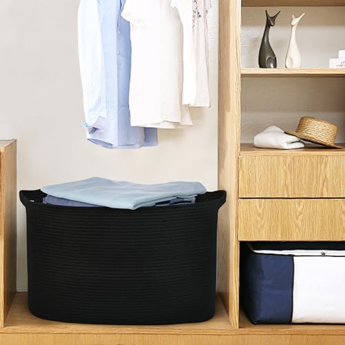 MEGASKET Extra Large Rectangle Storage Basket, 23.6" x 17" x 12" Black Blanket Basket Storage for Living Room, Large Soft Woven Cotton Rope Basket, Kids Toy Baskets Organizer Bins, Wicker Basket