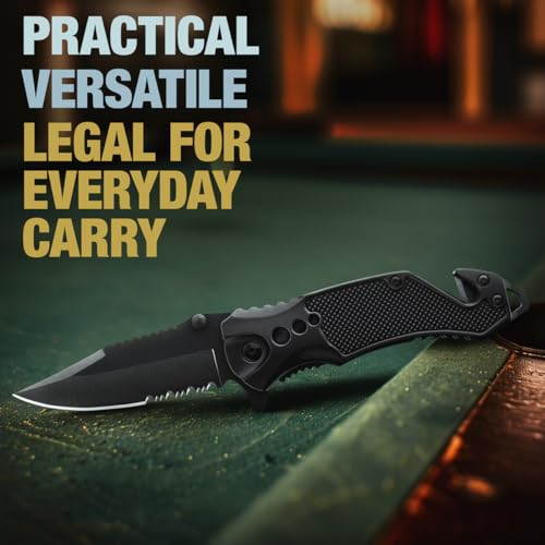 2.95” Serrated Blade Pocket Knife - Black Folding Knife with Glass Breaker Legal Pocket Knife- Small EDC Knife with Pocket Clip for Men Women - Sharp Tactical Camping Survival Hiking Knives 6680