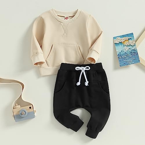 Karesoull Toddler Baby Boy Sweatsuits Fall Winter Clothes Set Long Sleeve Solid Color Crewneck Sweatshirts & Pants Outfit