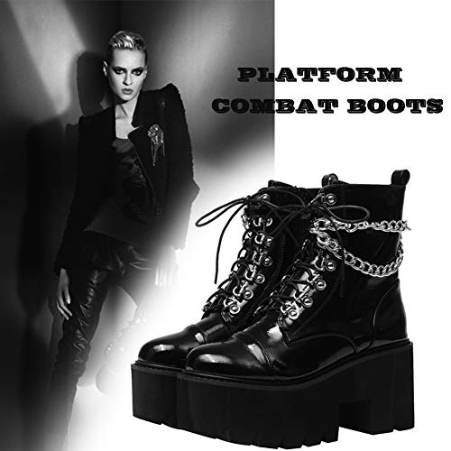 CYNLLIO Fashion Block Heel Platform Chain Combat Ankle Booties Women's Lace up Studded Motorcycle Boots Mid Calf Goth Boots