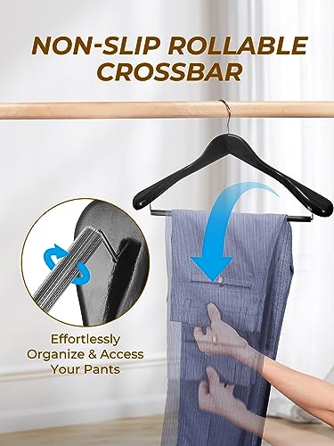HOUSE DAY Wide Shoulder Wooden Hangers, Wood Suit Hangers with Non Slip Pant Holder, Heavy Duty Coat Hanger for Closet, Wooden Clothes Hanger for Suits, Coats, Jackets, Shirts (6 Pack, Black)