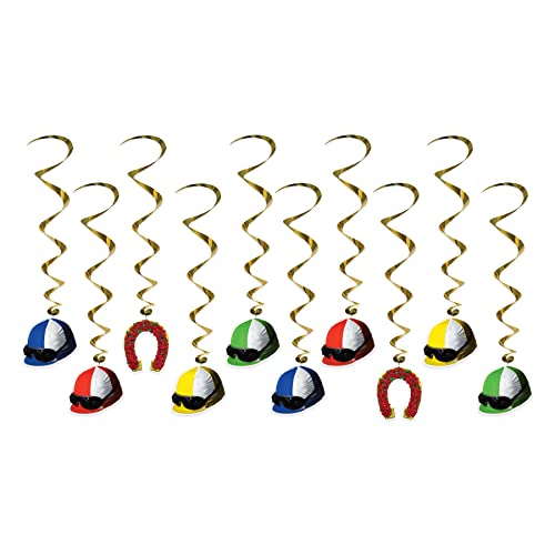 Beistle 10 Piece Equine Theme Jockey Helmet Whirls Hanging Spirals for Horse Racing Party Decorations, 37", Multicolor