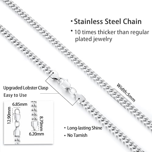 Jewlpire Silver Chain Necklace for Men, 5mm Cuban Link Chain for Men Women Stainless Steel Chain Cool & Comfortable Men's Chain Necklaces 16 Inch