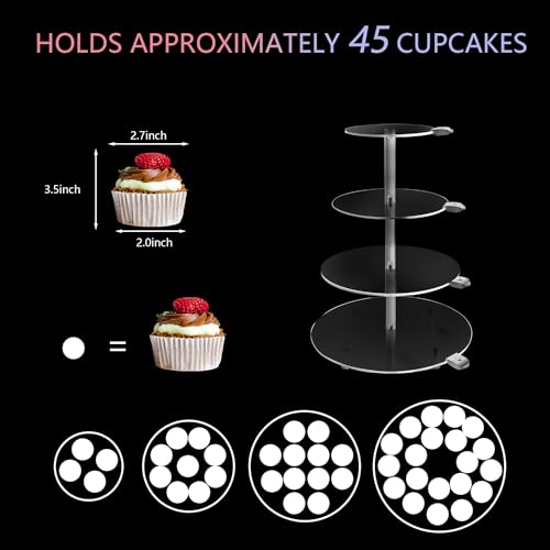 YLSMILE 4 Tier Round Cupcake Stand with LED, Acrylic Tower Display, Premium Holder Dessert Tree Tower for Wedding Birthday Baby Shower Tea Party (1pcs)