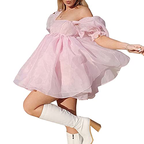 Pejihota Womens Off-Shoulder Ruffled Fluffy Short-Sleeved Mesh Party Mini Princess Dress (S, Pink)