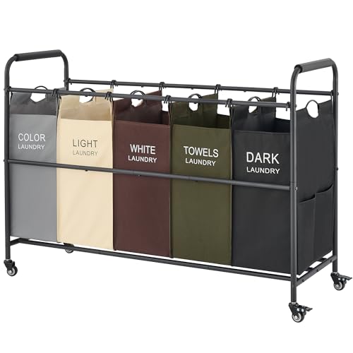 Tajsoon 5 Bag Laundry Sorter Cart, 5 Section Laundry Hamper Sorter with Heavy Duty Lockable Rolling Wheels for Dirty Clothes Storage, 5 Colors