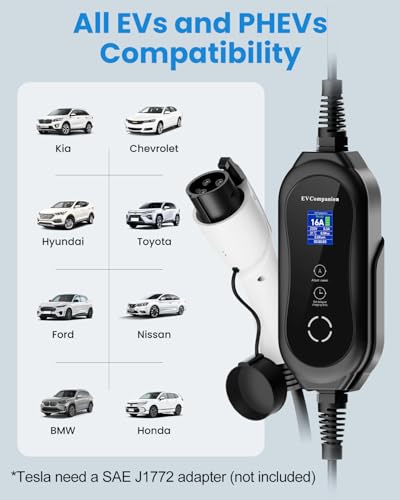 EVCompanion Level 1-2 EV Charger (16 Amp 110-240V 21ft Cable), Portable Electric Vehicle Charger with NEMA 6-20 Plug NEMA 5-15 Adapter,Plug-in Home EV Charging Station for SAE J1772 Evs