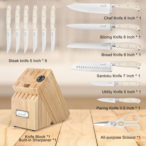 Kuisine Chef Knife Set, German High Carbon Stainless Steel Ultra Sharp Blade Ergonomic Handle, Kitchen Knife Block Set with Built-in Sharpener, Elegant Gift for Holiday(Ivory Pro,15PCS)