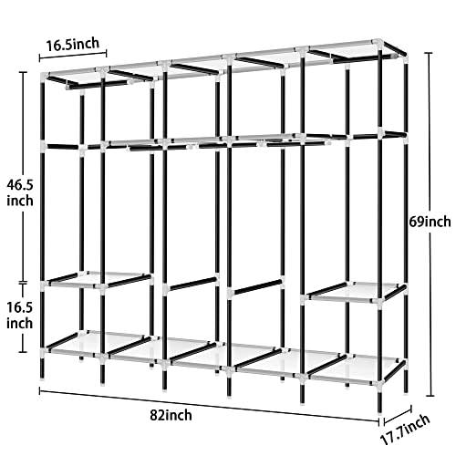 LOKEME Portable Closet, Great Size 82-Inch Portable Wardrobe with 5 Hanging Areas and 10 Storage Shelves, Black Portable Closets for Hanging Clothes, Extra Sturdy 25mm Steel Tube and Easy to Assemble