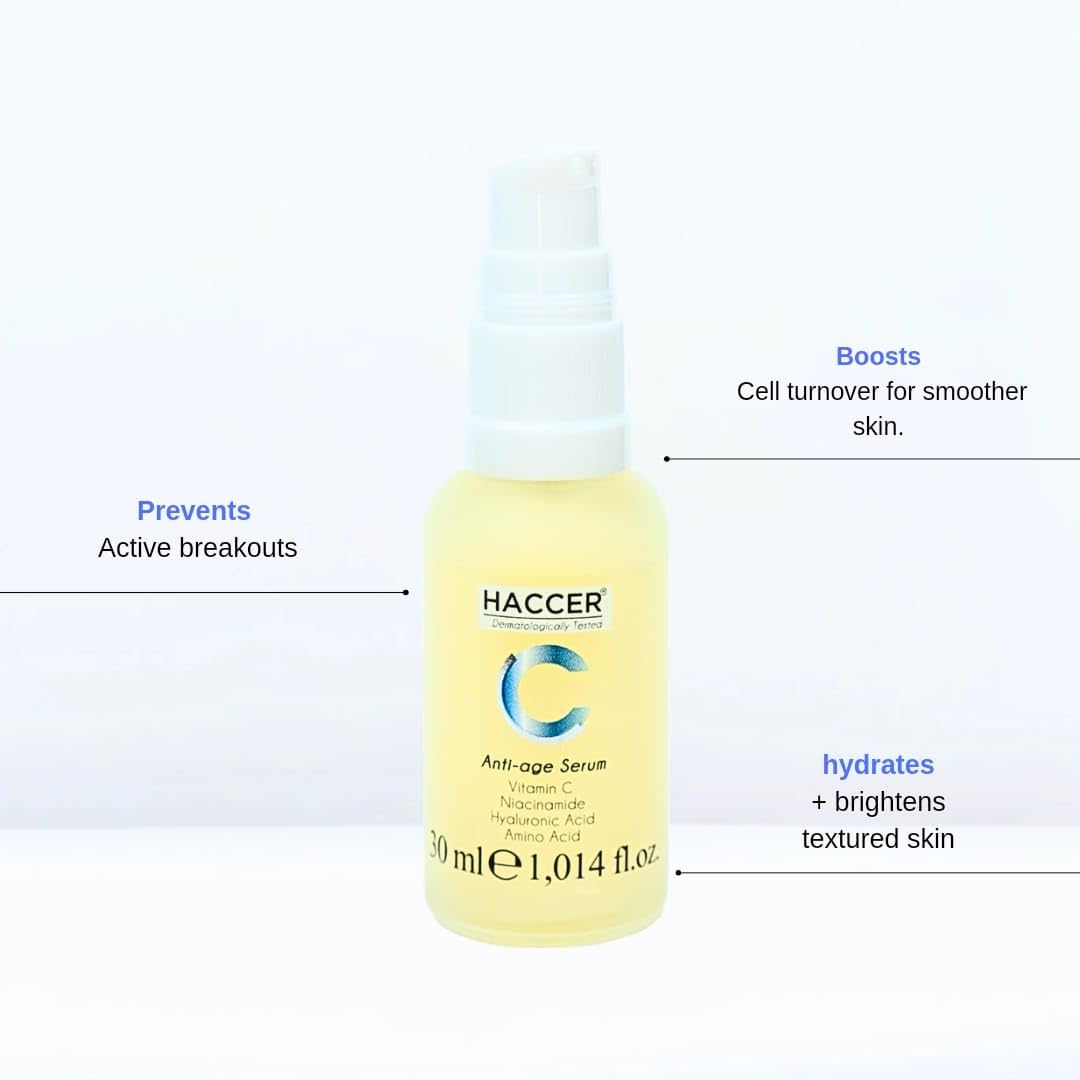 Haccer Anti-Age Serum – Wrinkle Reduction, Skin Firming & Hydration Elasticity Boost with Hyaluronic Acid,Vitamin C & Peptides – Paraben-Free Tested Anti-Wrinkle Serum Youthful Skin 50ml