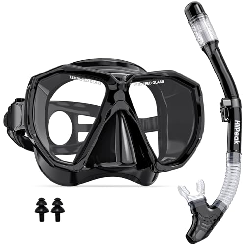 HiiPeak Snorkeling Gear for Adults, Dry Snorkel Set, Panoramic Wide View, Diving Scuba Mask Snorkel mask Set Dry Snorkel Swimming Glasses Nose Cover Youth Diving Goggles Masks Black