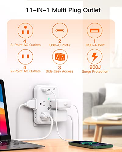 BESHON Surge Protector, USB C Multi Plug Outlet Extender with 8 Outlets 3 USB(2 USB C), USB Wall Charger, 3-Sided, 900J Outlets Splitter Wall Plug Adapter Spaced for Home Travel Dorm Room Essentials…