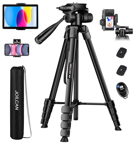 JOILCAN Camera Tripod, 68" Tablet Tripod Stand for Phone Cameras, Travel Tripod Compatible with iPad iPhone DSLR SLR Projector, Cell Phone Tripod Stand with Remote/Travel Bag / 2 in 1 Mount