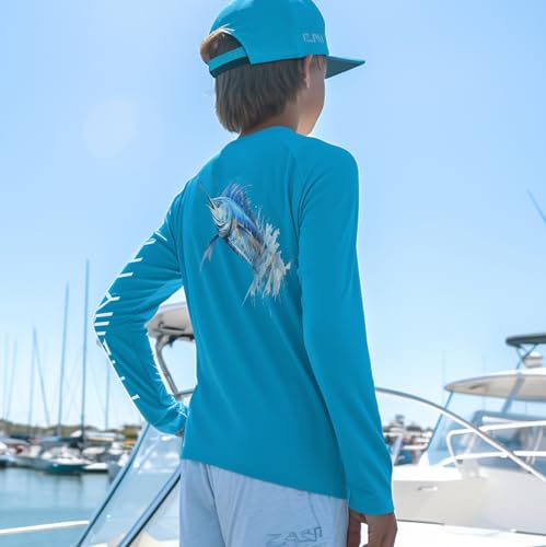 Palmyth Boys Fishing Shirt Youth Long Sleeve T-Shirt UPF 50+ Sun Protection (Blue Sky/Swordfish, S)