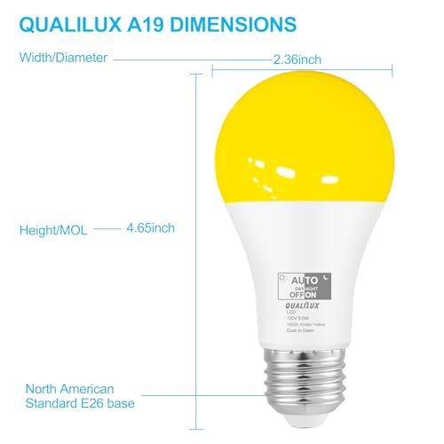 Qualilux Dusk to Dawn Light Bulbs Outdoor 850 Lumen, 60W Equivalent, Warm White 3000K, LED 9.5W, Non-Dimmable, A19, E26 Base, 2-Pack, HQ-H007