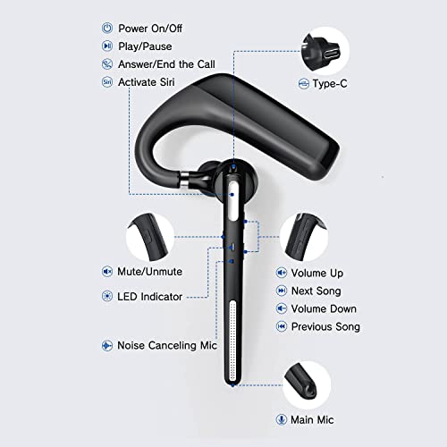 Ngsod Bluetooth Headset - Wireless Headset with Microphone 90 Days Standby/110 Hours Talktime, Bluetooth Earpiece for Cell Phone/PC Tablet/Laptop Computer, Headphones for Trucker/Driver/Business