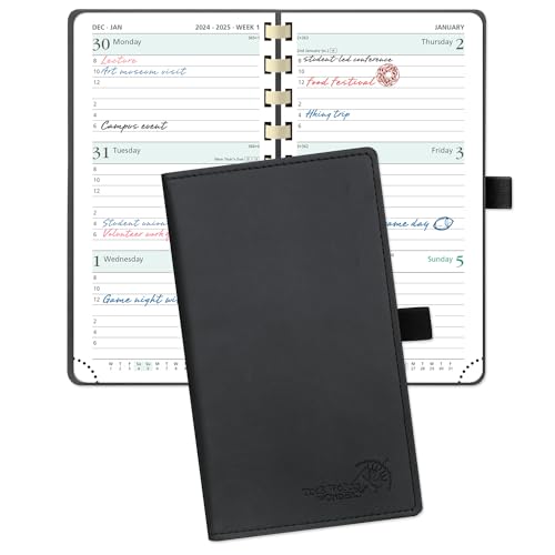 POPRUN Pocket Planner 2024-2025 (3.5'' x 6.5'') 17 Months Academic Calendar (Aug.2024- Dec.2025),Spiral Bound Weekly Appointment Book with Leather Cover, Elastic Closure, Pen Holder - Black