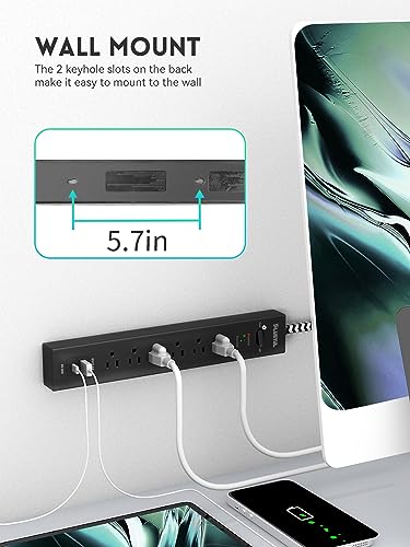 2 Pack Surge Protector Power Strip 6 FT, Extension Cord with 6 Outlets 2 USB Ports (PD 20W), Flat Plug Power Strip 980J, Overload Protection and Wall Mount for Home Dorm Room Essentials, Black