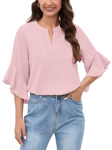 Heymoments Womens Blouses Black Small Ruffle 3/4 Sleeve V Neck Business Professional Dressy Lightweight Elegant Casual Tops Ladies Office Loose Fitting Flowy Cute Shirt