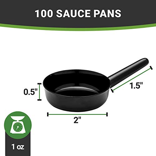 Restaurantware 1 Ounce Disposable Dessert Cups 100 Mini Sauce Dishes - Sauce Pan Design Serve Condiments Snacks or Samples Black Plastic Small Appetizer Plates For Parties or Catered Events