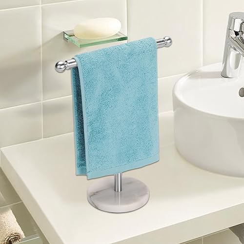 Kalitro Towel Rack with Heavy Marble Base, Free Standing Hand Towel Holder Stand for Bathroom Stainless Steel T-Shape Brushed Nickel
