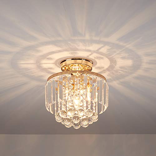 MonDaufie Mini Gold Crystal Chandelier,Semi Flush Mount Crystal Ceiling Light Fixture,French Gold Crystal Closet Mini Ceiling Light Fixture for Hallway Entryway Living Room Bedroom, H10.23 xD9.05