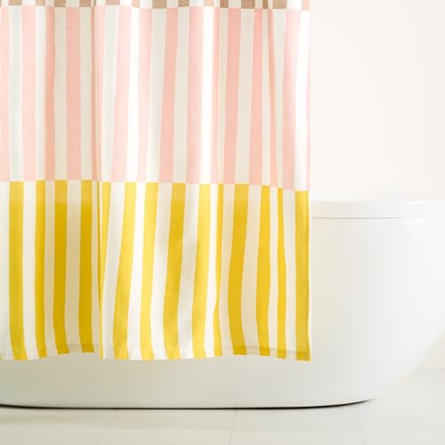 TOWN & COUNTRY PLAY Adeline Offset Stripe Cotton-Rich Breathable Fabric Shower Curtain with Anti-Rust Grommets, Pink/Beige/Yellow, 70"x72"