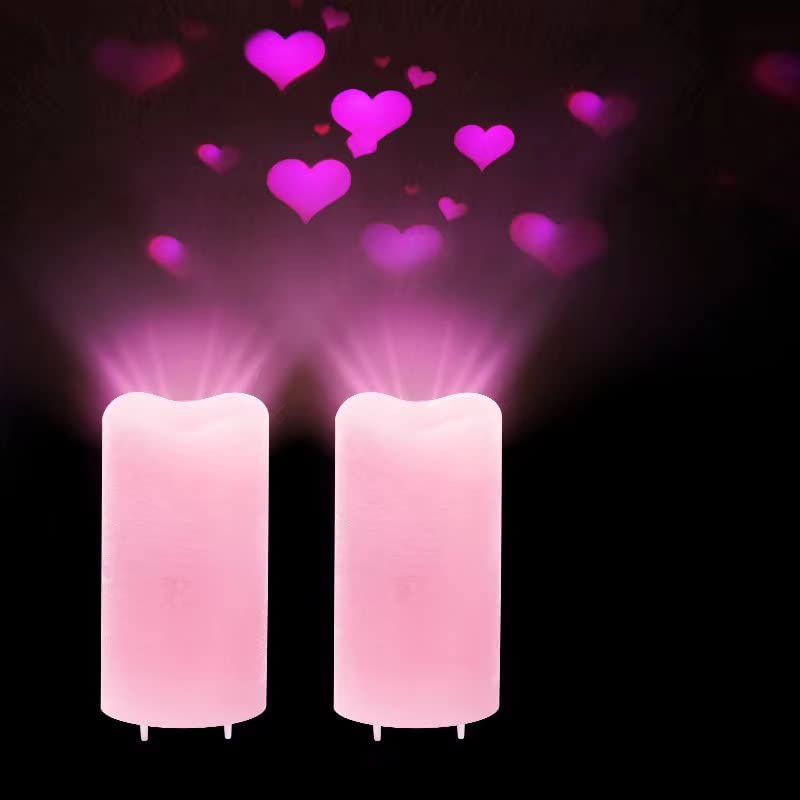 XingsLight Flameless Candles Valentine Romantic Pink Heart Projector Lights Battery Operated Night Light with Remote and Timer, LED Candle Home Decorations,Set of 2