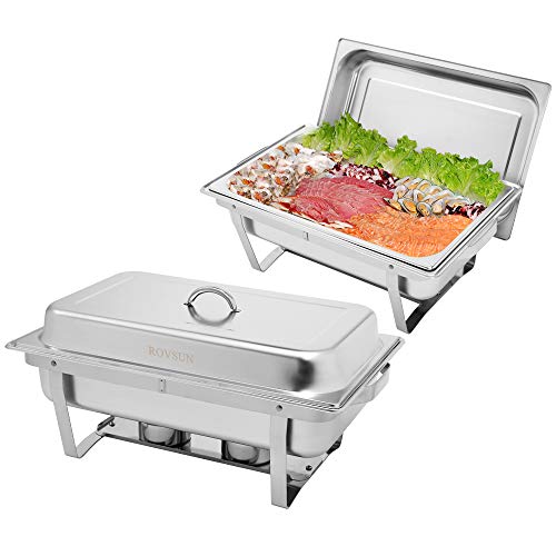ROVSUN 8 Qt 2 Pack Full Size Stainless Steel Chafing Dishes for Buffet, NSF Silver Rectangular Catering Chafer Warmer Set with Trays Pan Lid Folding Frame Stand for Kitchen Party Banquet Dining