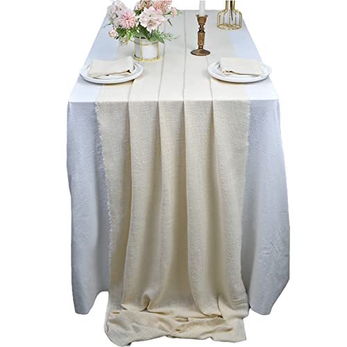 Joanlody Beige Cheesecloth Table Runner 25x120 Inches Handmade Cotton Cloth Tablecloth with Fringe 10Ft Rustic Gauze Table Runner for Wedding Party Bridal Shower Decor