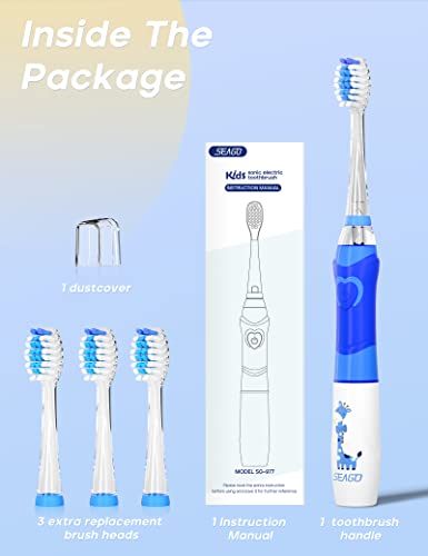 SEAGO Kids Electric Toothbrush with 2 Mins Brushing Timer and 4 Replacement Bursh Heads, Rainbow LED Light Make Brushing Fun, Blue Color Boys Battery Powerd Toothbrush for 4-12 Years Old