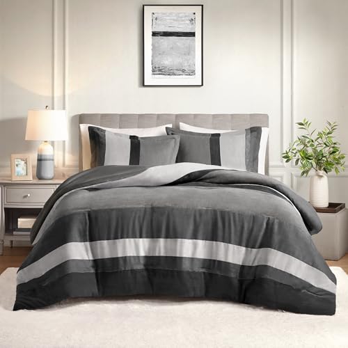 Comfort Spaces Twin Comforter Set, 2 Piece Luxe Microsuede, Pieced Design Color Block Stripes Bedding Comforter Sets, Winter Soft Brushed Microfiber Reverse, Matching Sham, Twin/Twin XL, Black