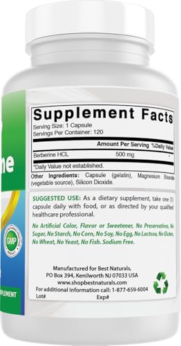 Best Naturals Berberine 500mg 120 Capsules - Supports Immune Function, Cardiovascular & Gastrointestinal Function (120 Count (Pack of 1))