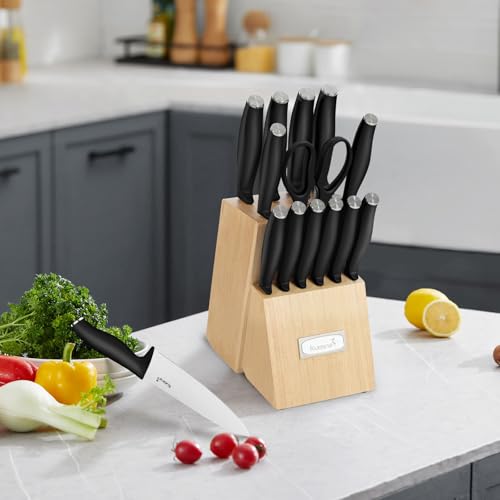 Premium kitchen Chef Knife Set,High Carbon Stainless Steel Ultra Sharp Blade Ergonomic Handle,Block Knife Set with Built-in Sharpener,Elegant Gift for Holiday(Black,15PCS)