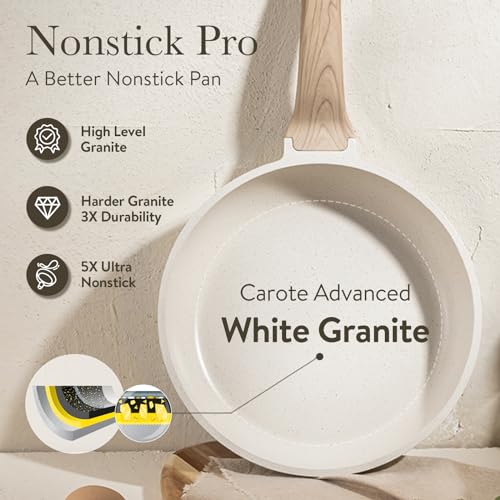 CAROTE Pots and Pans Set Nonstick, White Granite Induction Kitchen Cookware Sets, 11 Pcs Non Stick Cooking Set w/Frying Pans & Saucepans(PFOS, PFOA Free)