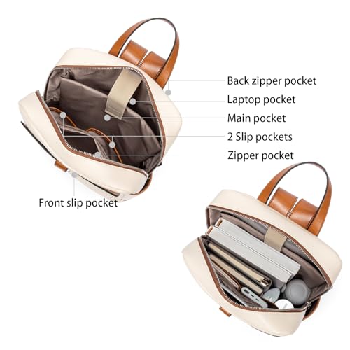BOSTANTEN Leather Laptop Backpack for Women,15.6 inch Computer Backpack Purse College Daypack Work Travel Bag Beige-White